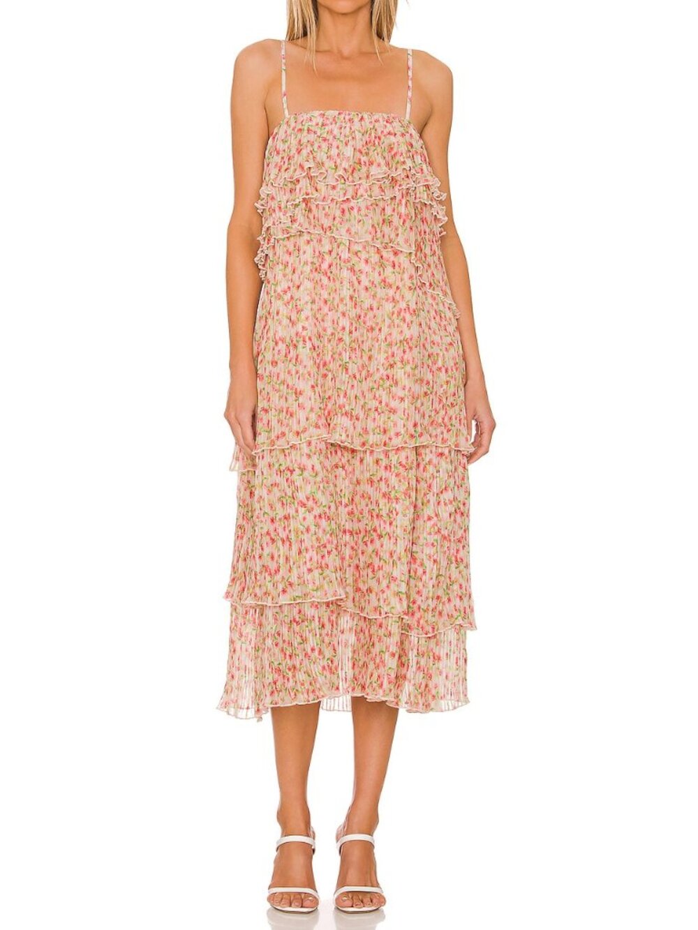 NWT Something Navy Floral Pleated Tiered Midi Dress S